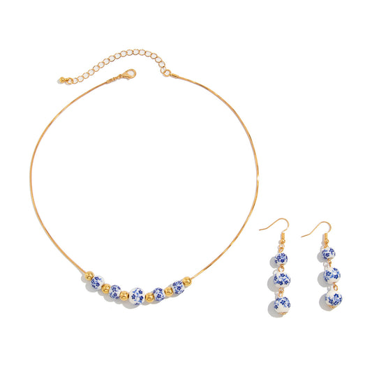 Blue And White Porcelain Tassel Necklace & Earrings Set
