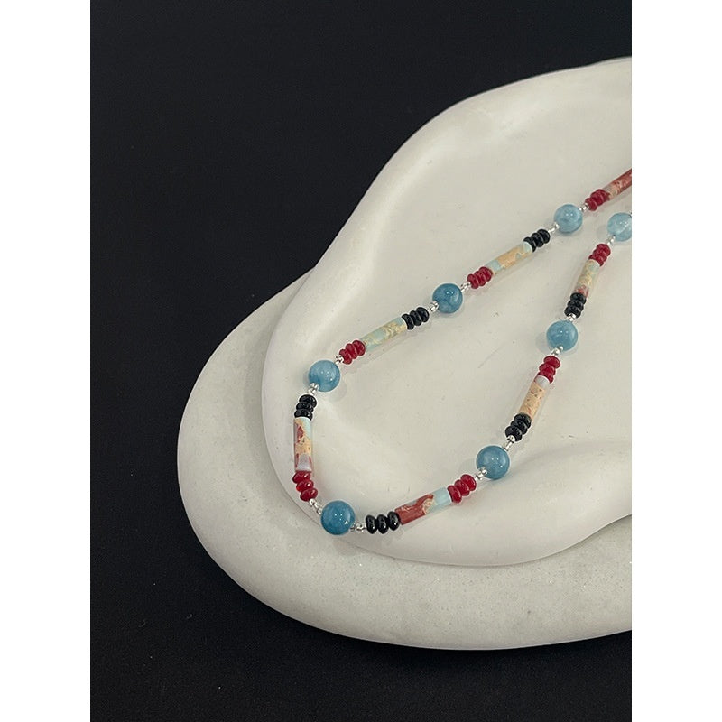 Vintage Shoushan Stone Aquamarine Beaded Necklace