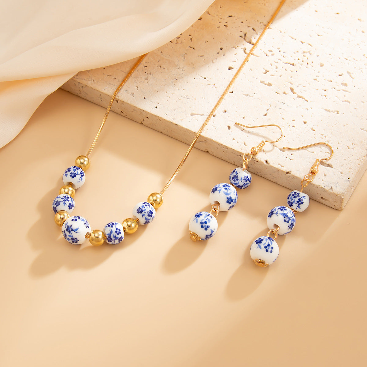 Blue And White Porcelain Tassel Necklace & Earrings Set