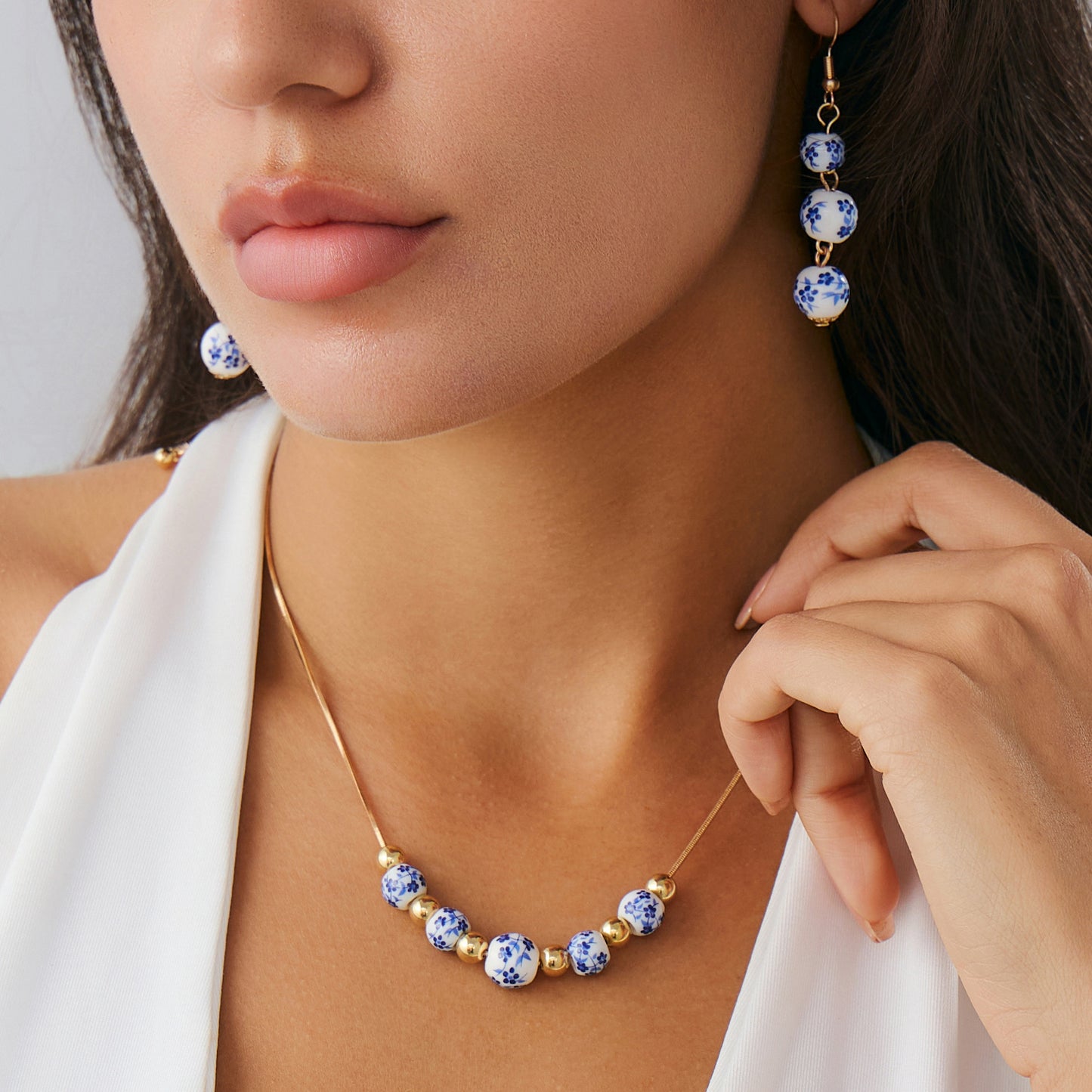 Blue And White Porcelain Tassel Necklace & Earrings Set