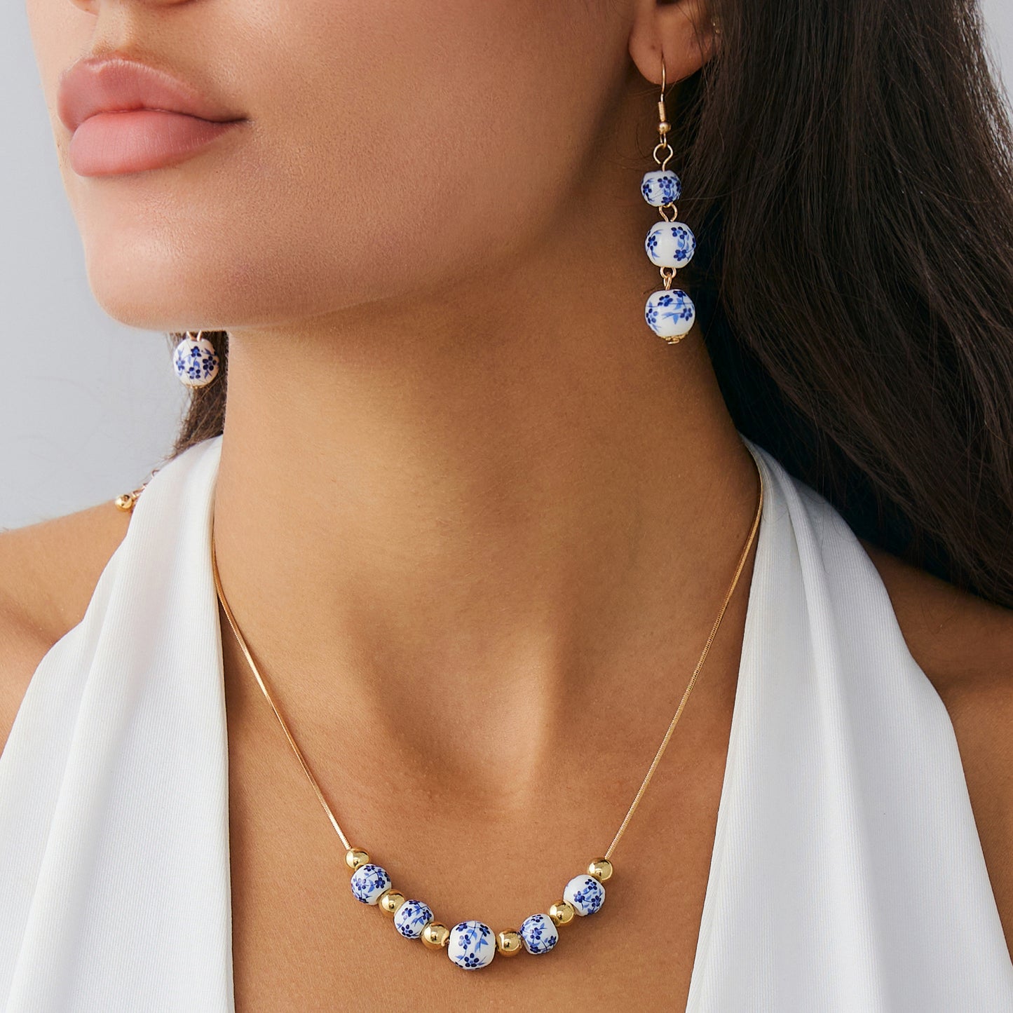 Blue And White Porcelain Tassel Necklace & Earrings Set