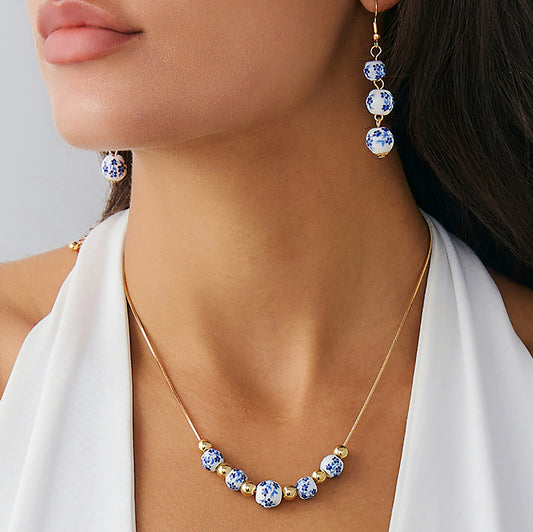 Blue And White Porcelain Tassel Necklace & Earrings Set
