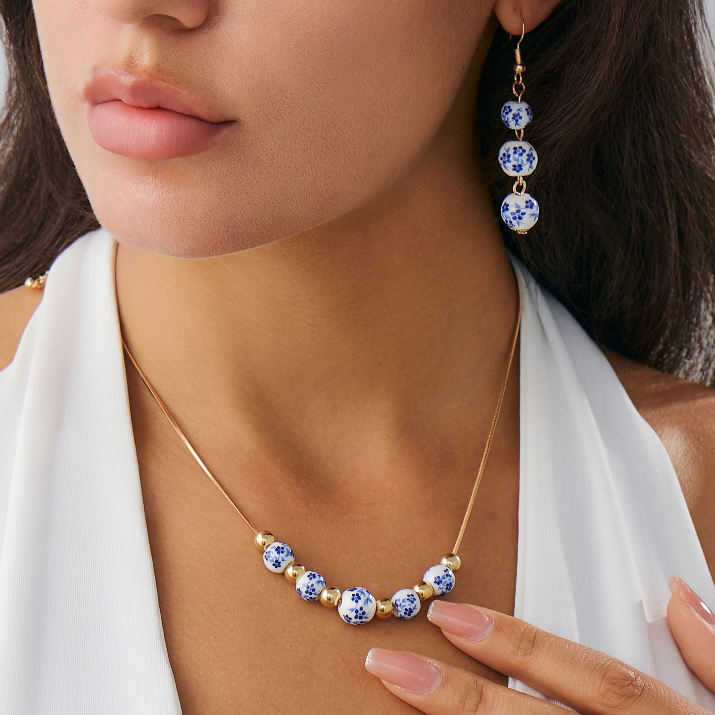 Blue And White Porcelain Tassel Necklace & Earrings Set