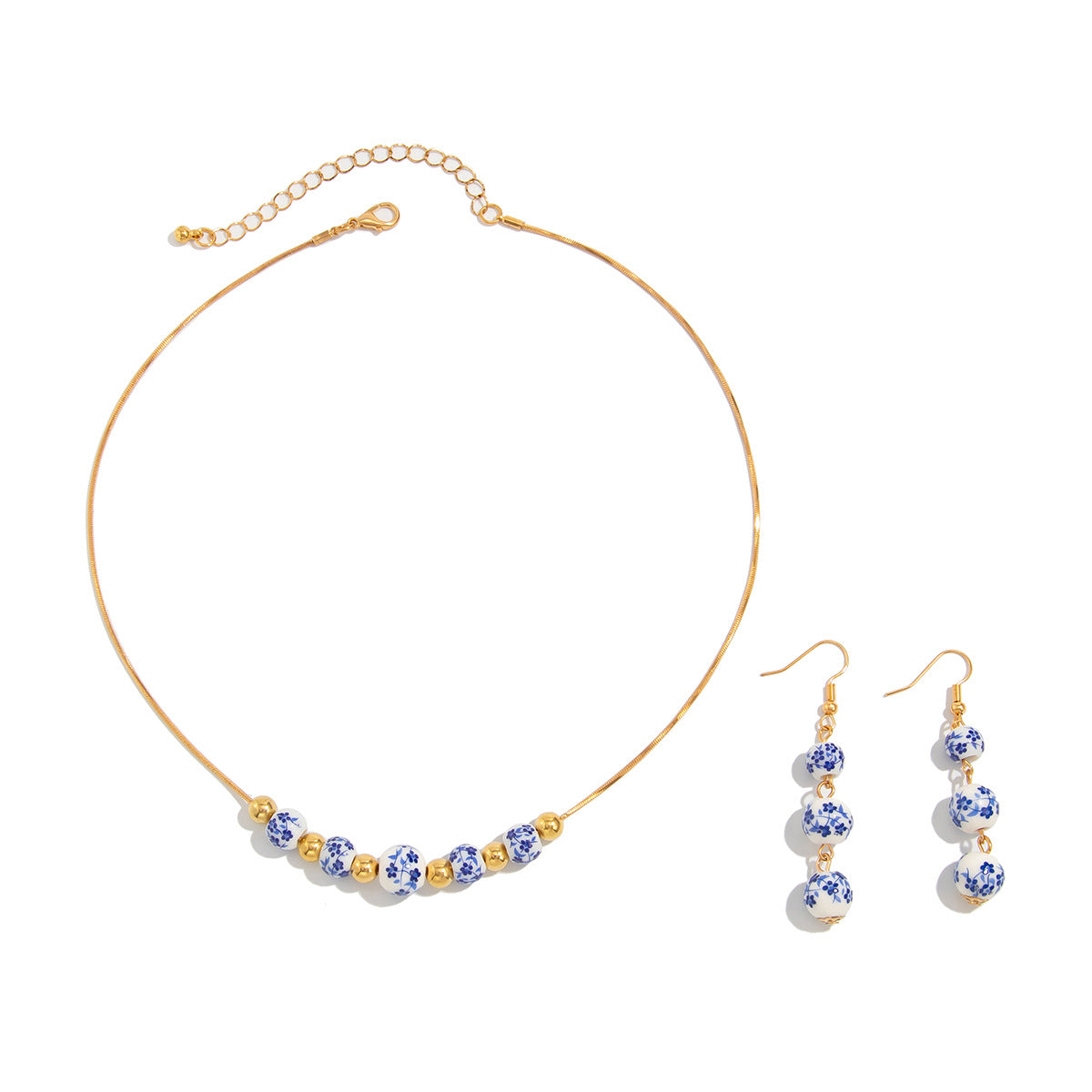 Blue And White Porcelain Tassel Necklace & Earrings Set