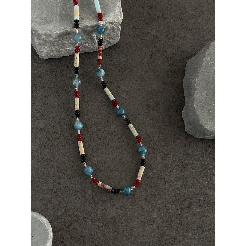 Vintage Shoushan Stone Aquamarine Beaded Necklace